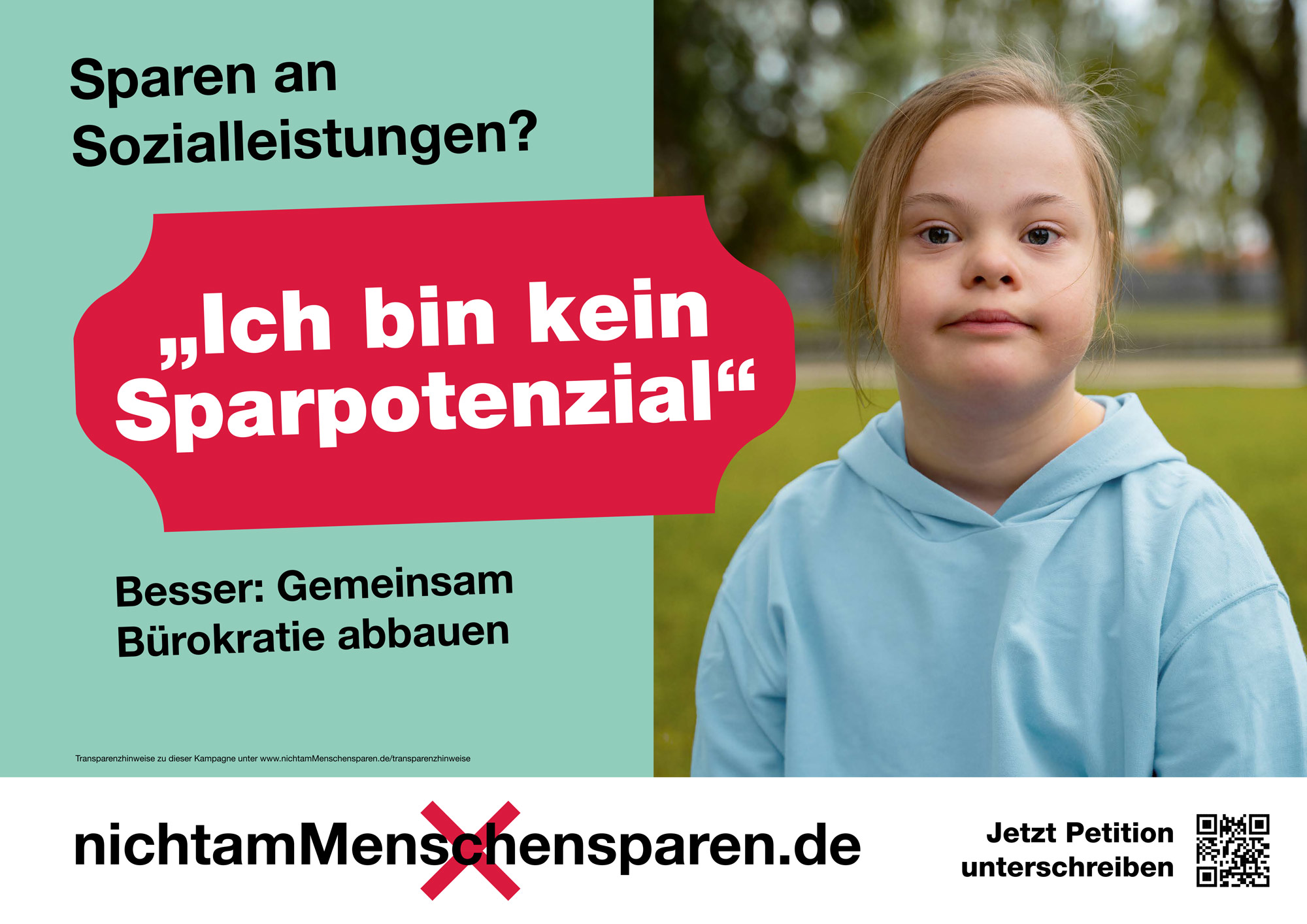 Plaktat zur Kampagne "Nicht am Menschen sparen" mit kleinem M&auml;dchen mit Trisomie 21